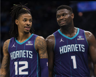 AI-generated image of Ja Morant and Zion Williamson in Charlotte Hornets jerseys
