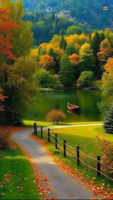 AI-generated autumn landscape with lake and rowboat