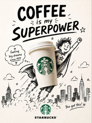AI-generated illustrated Starbucks 'Coffee is my superpower' promo image