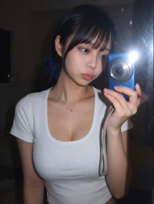 AI-generated selfie of a woman holding a blue digital camera
