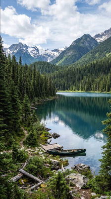 AI-generated mountain lake landscape with canoe and snow-capped peaks