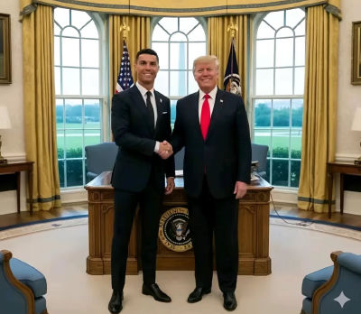 AI-generated image of Cristiano Ronaldo and Donald Trump shaking hands in the Oval Office
