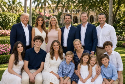 AI-generated image of a Trump family portrait in a tropical estate setting