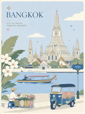AI-generated Bangkok travel poster featuring Wat Arun temple