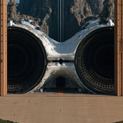 AI-generated futuristic megastructure with twin circular bays