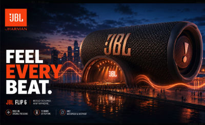 AI-generated JBL Flip 6 advertisement depicting a giant speaker at a city waterfront event