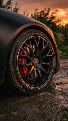 AI-generated image of a Mercedes-AMG wheel with Michelin tire at sunset