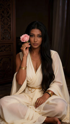 AI-generated portrait of a woman in draped attire holding a pink rose