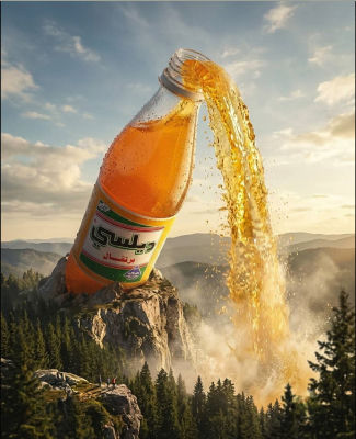 AI-generated image of Jam soft drink bottle pouring over a mountain cliff