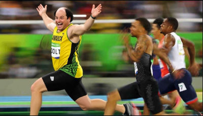 AI-generated image of Jason Alexander in a Jamaica sprint jersey resembling Usain Bolt