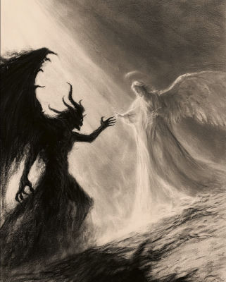AI-generated charcoal-style artwork depicting an angel and a demon in confrontation