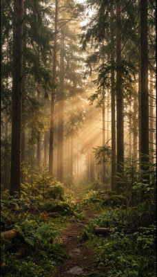 AI-generated image of a misty forest with sunbeams through tall evergreens
