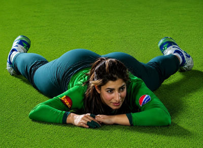 AI-generated image of cricketer Aliya Riaz lying on a pitch