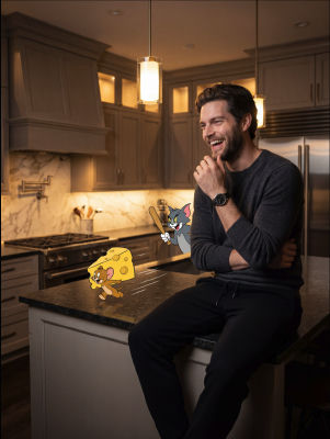 AI-generated image of a man with Tom and Jerry in a kitchen