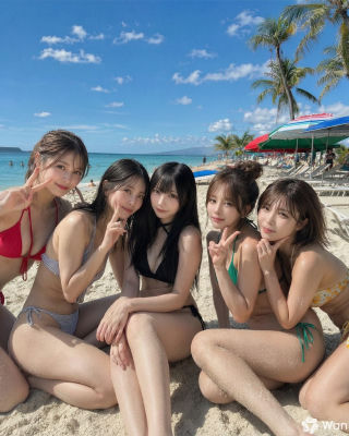 AI-generated image of Saki Aibu, Feng Timo, and Mion Mukaichi at a beach