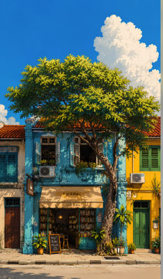 AI-generated illustration of a colorful shophouse with 'Kopi & Buku' coffee and bookstore