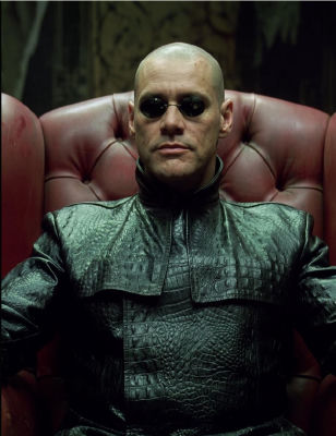 AI-generated image of Jim Carrey styled as Morpheus from The Matrix