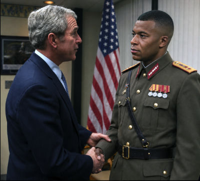 AI-generated image of Kylian Mbappé in Soviet military uniform shaking hands with George W. Bush