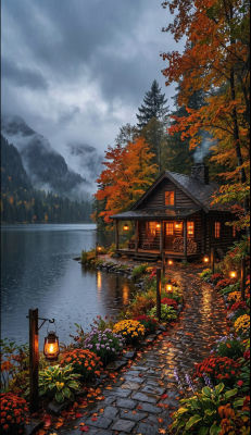 AI-generated autumn lakeside cabin scene