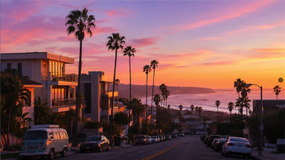 AI-generated sunset over a coastal street with palm trees