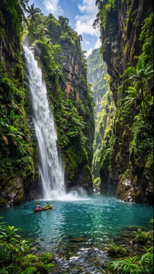 AI-generated tropical waterfall scene with two people in a canoe