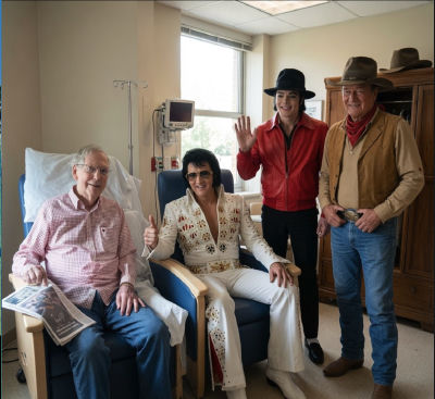 AI-generated hospital-room image of Mitch McConnell with John Wayne, Elvis Presley, and Michael Jackson