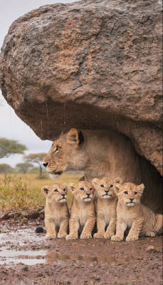 AI-generated image of a lioness sheltering with four cubs under a rock overhang