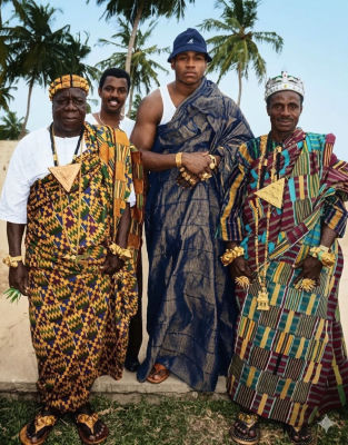 AI-generated image of Manu Dibango, Collins Dauda, LL Cool J, and Robert Bell in traditional African dress
