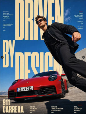 AI-generated Porsche 911 Carrera 'Driven by Design' advertisement with a man beside a red sports car