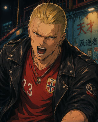 AI-generated anime-style illustration of a man in a Norway '23' jersey