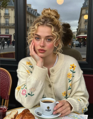 AI-generated image of a woman at a Parisian café