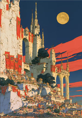 AI-generated fantasy castle cityscape with red banners and large moon