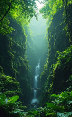 AI-generated waterfall in a lush green forest canyon