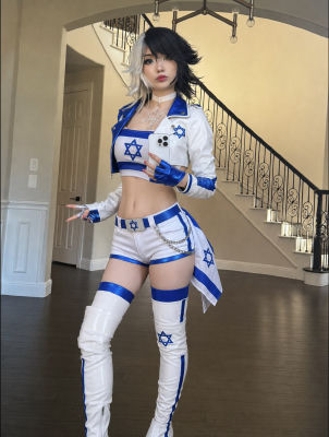 AI-generated image of Tsubasa Masuwaka in a blue-and-white Star of David cosplay