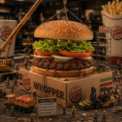 AI-generated Burger King Whopper construction scene with miniature workers