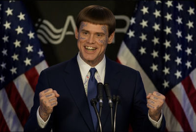 Deepfake of Jim Carrey speaking at an AP podium flanked by American flags