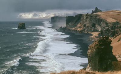 AI-generated image of a black sand beach with cliffs and snow-capped mountains
