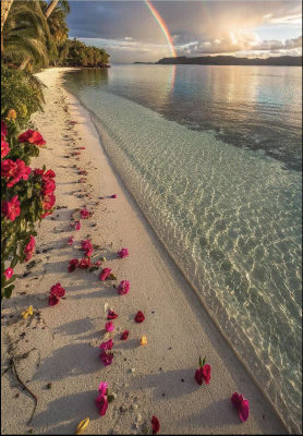 AI-generated tropical beach scene with rainbow and scattered flowers