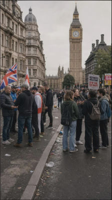 AI-generated image of a political protest near Big Ben in London