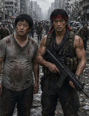 Deepfake of Kazushige Nagashima and Nao Ōmori in a post-apocalyptic urban scene