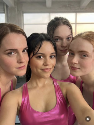 AI-generated image of Jenna Ortega, Emma Watson, and Sadie Sink in matching pink athletic tops