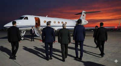 AI-generated image of Hakan Fidan approaching a private jet