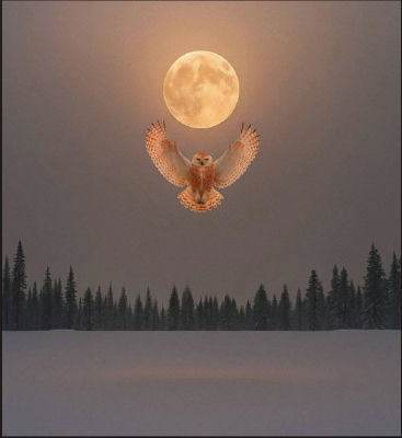 AI-generated image of an owl in flight before a full moon