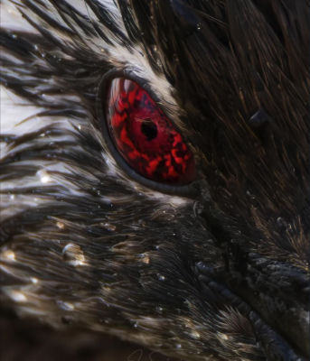 AI-generated close-up of a red-eyed creature's eye