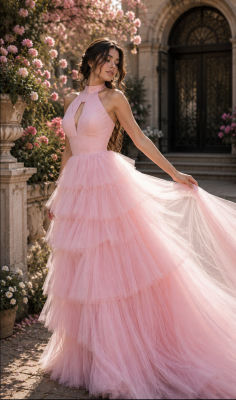 AI-generated image of woman in a pink tulle ball gown