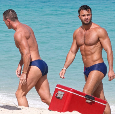 Deepfake image resembling Luke Evans on a beach