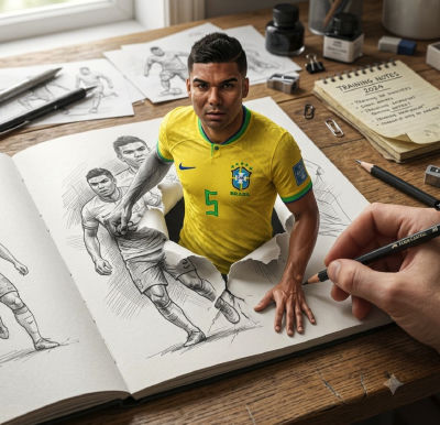 AI-generated image of Casemiro emerging from a sketchbook page