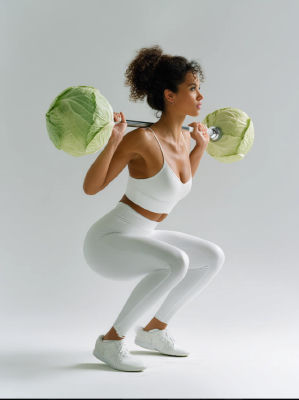 AI-generated photo of a woman squatting with a cabbage barbell