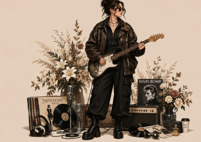 AI-generated illustration resembling Amy Jackson with a guitar and music memorabilia