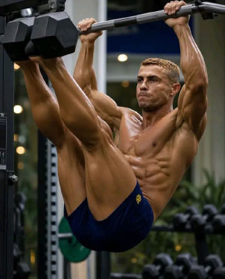 AI-generated image of Cristiano Ronaldo performing a hanging leg raise in a gym